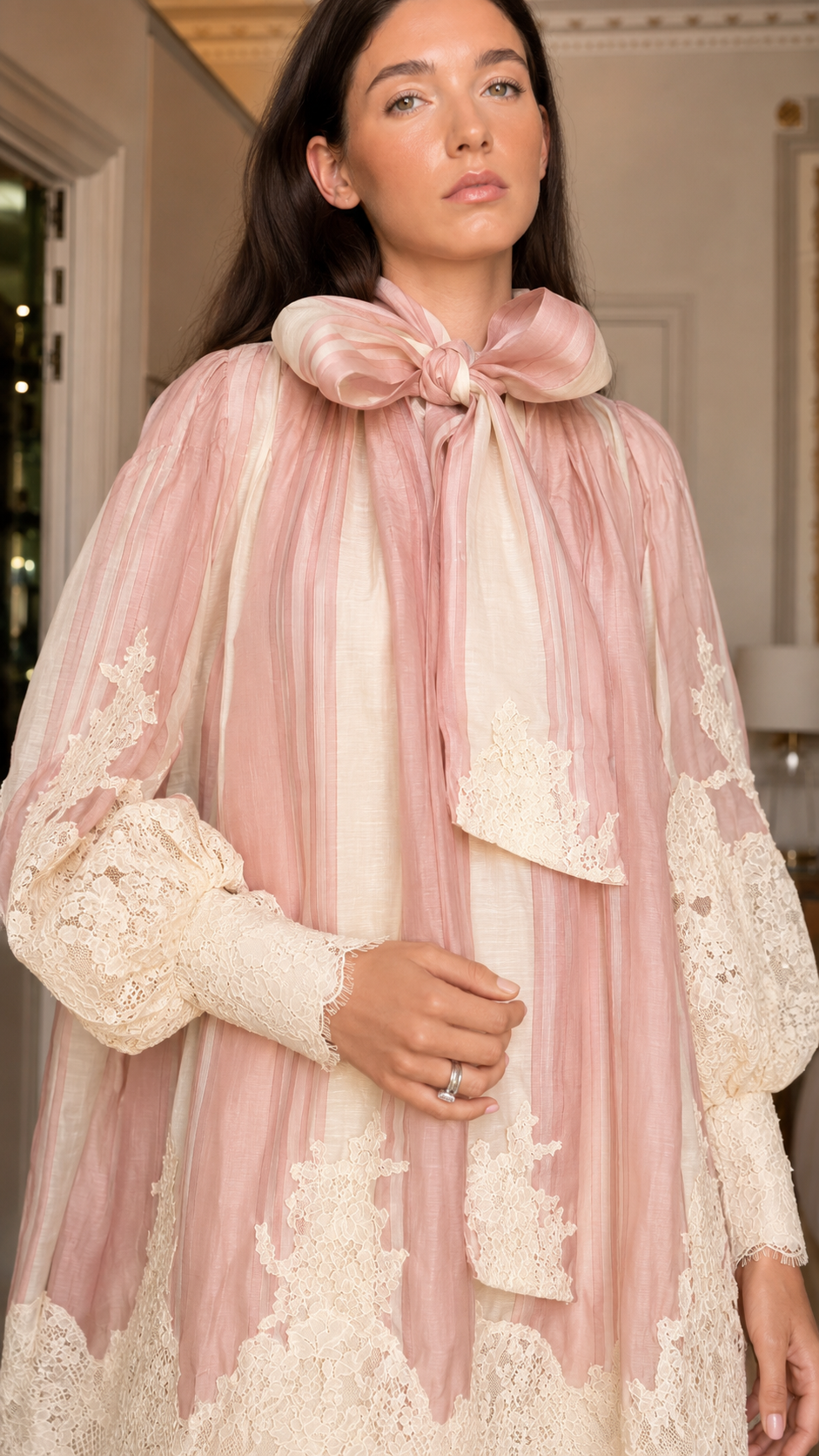 Blush Lace Bow-Neck Sheer Mini Dress