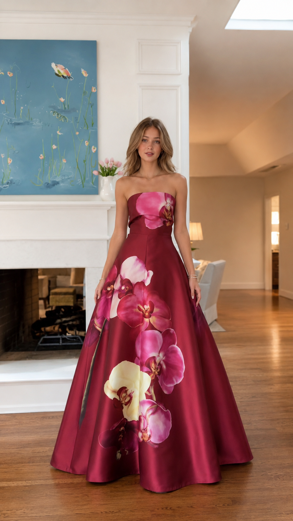 Burgundy Strapless Orchid Print Satin Ball Gown