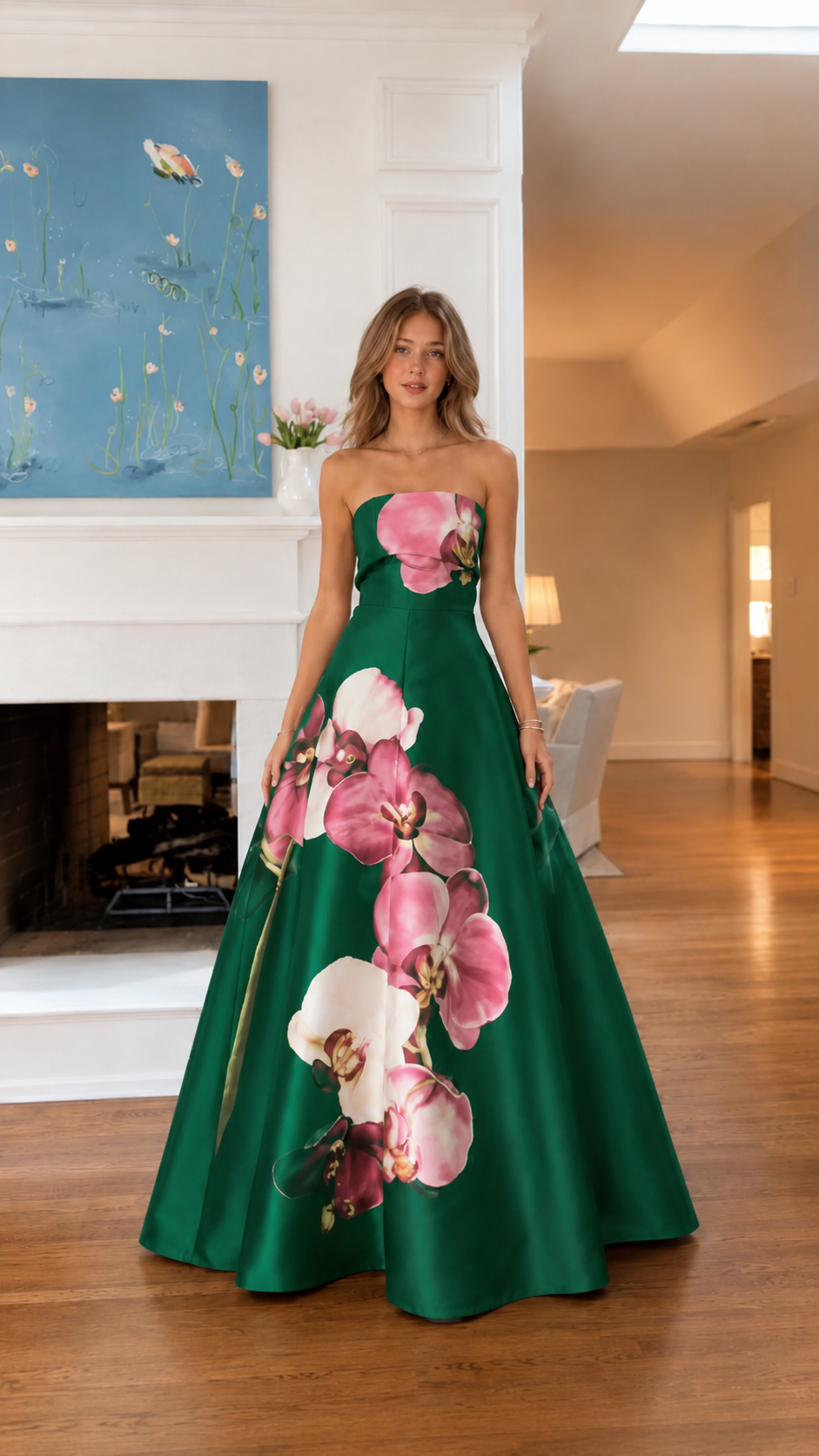 Burgundy Strapless Orchid Print Satin Ball Gown