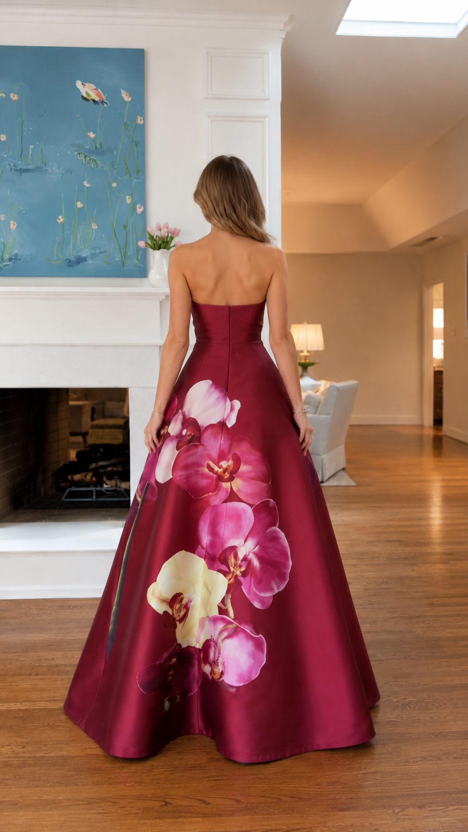 Burgundy Strapless Orchid Print Satin Ball Gown
