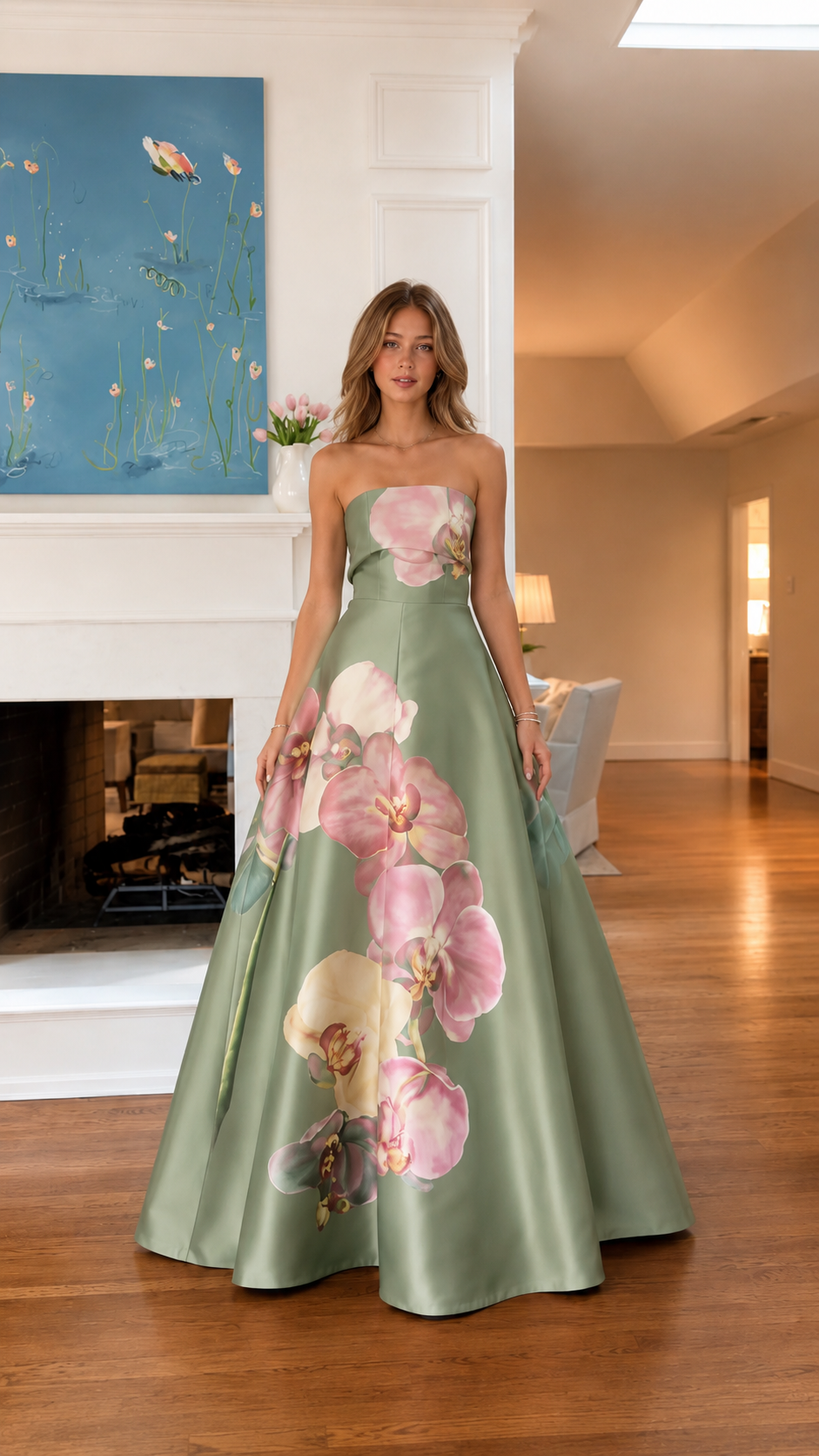 Burgundy Strapless Orchid Print Satin Ball Gown
