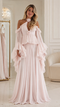 Halter Ruffle Sleeve Pleated Maxi Dress