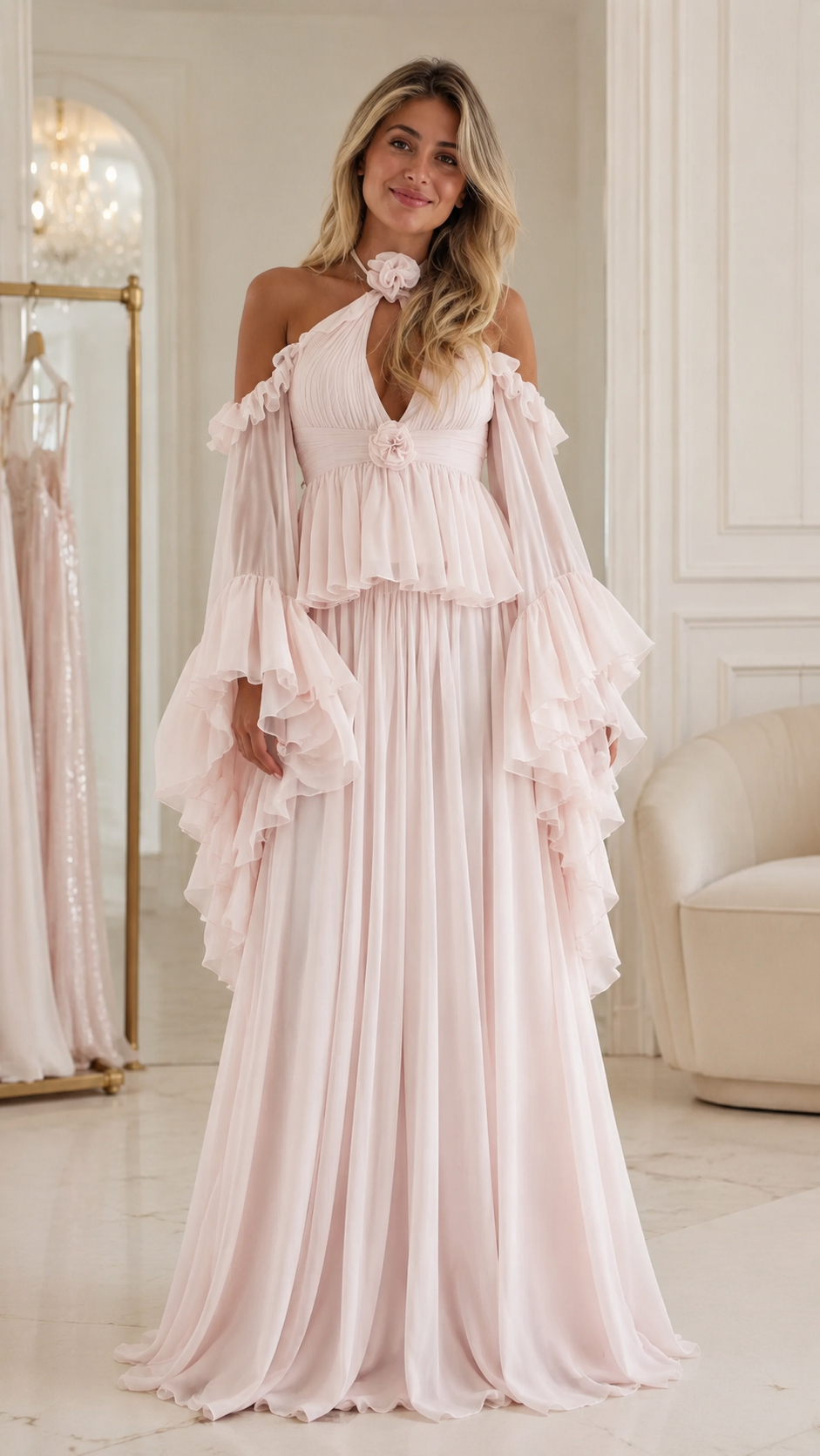 Halter Ruffle Sleeve Pleated Maxi Dress