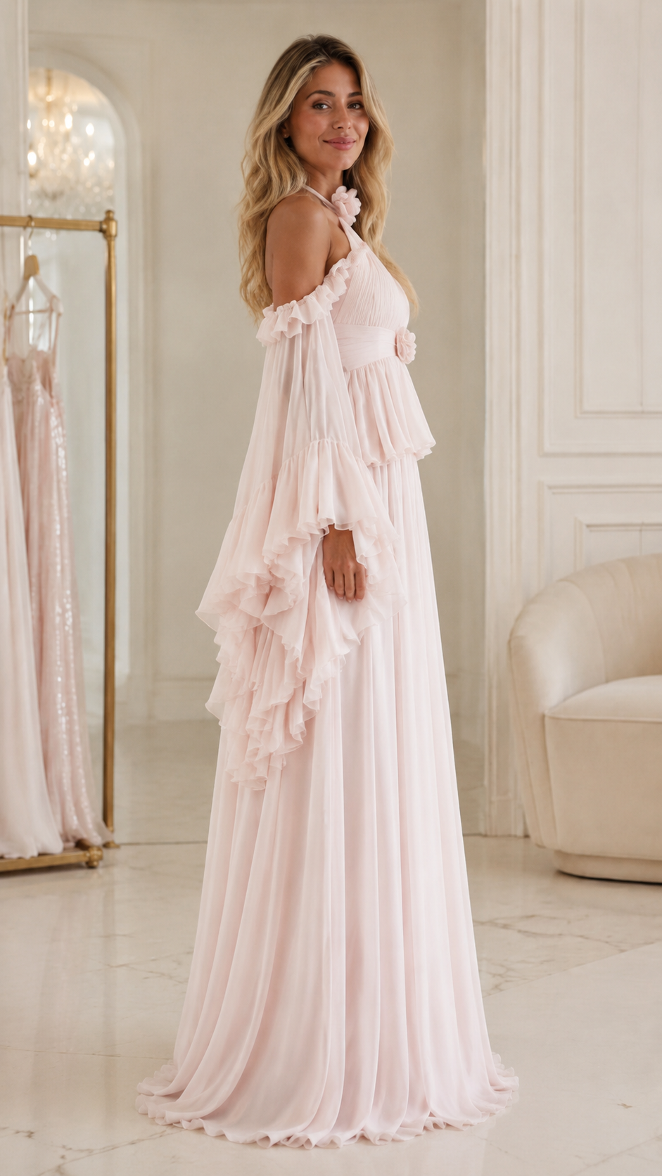 Halter Ruffle Sleeve Pleated Maxi Dress