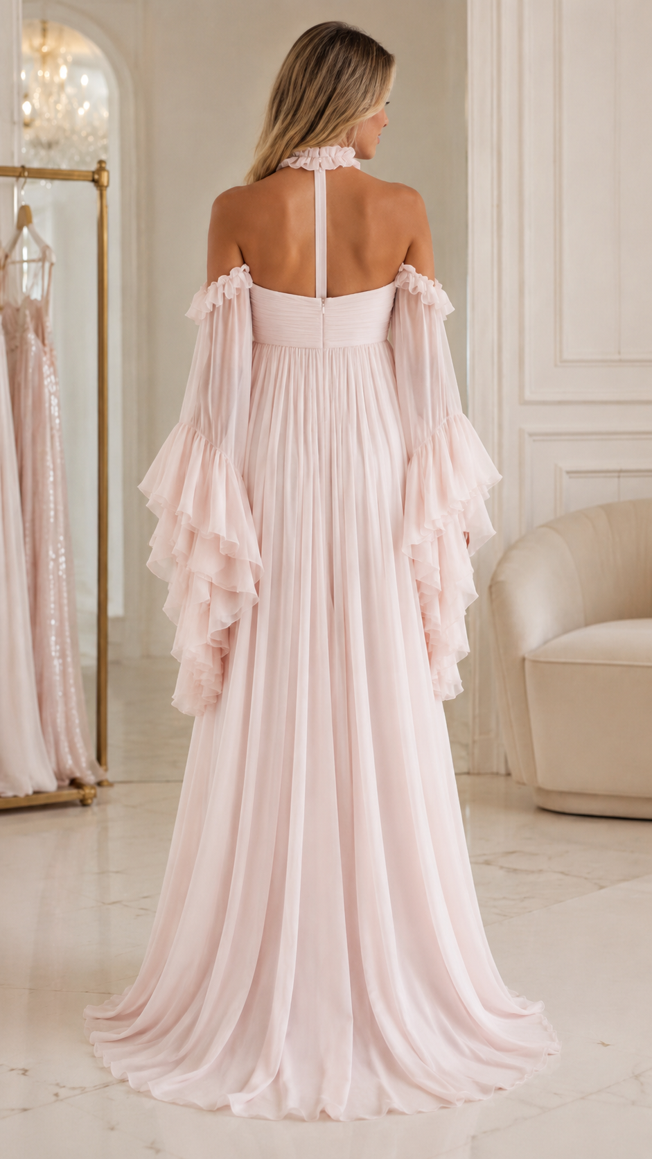 Halter Ruffle Sleeve Pleated Maxi Dress