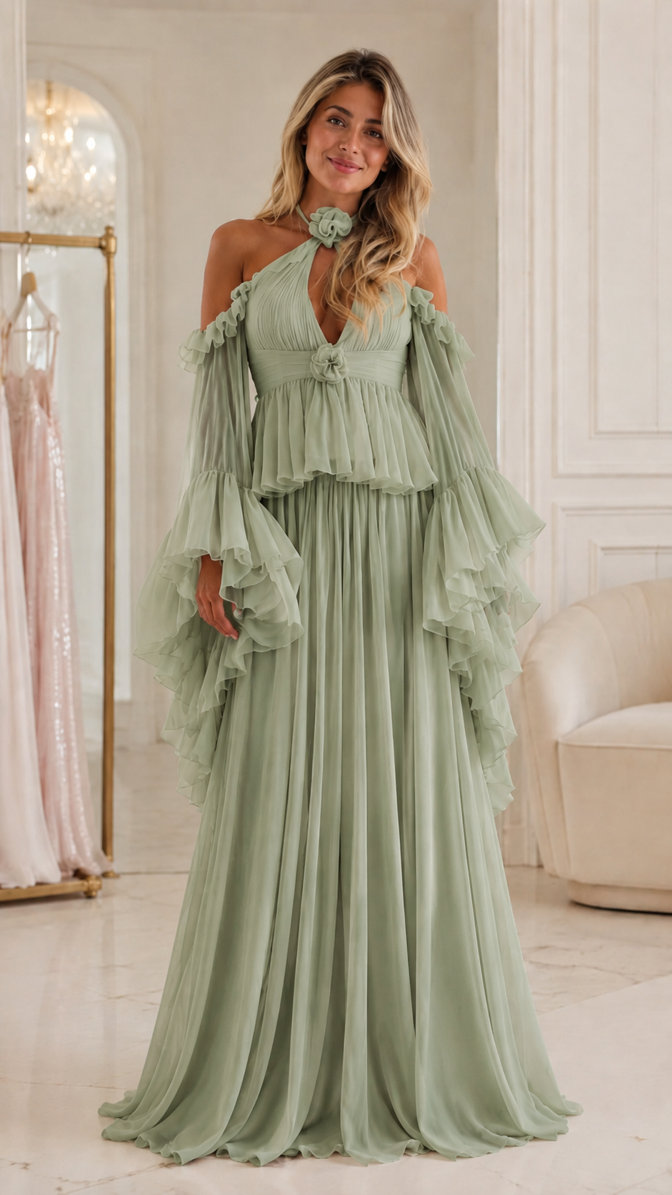 Halter Ruffle Sleeve Pleated Maxi Dress