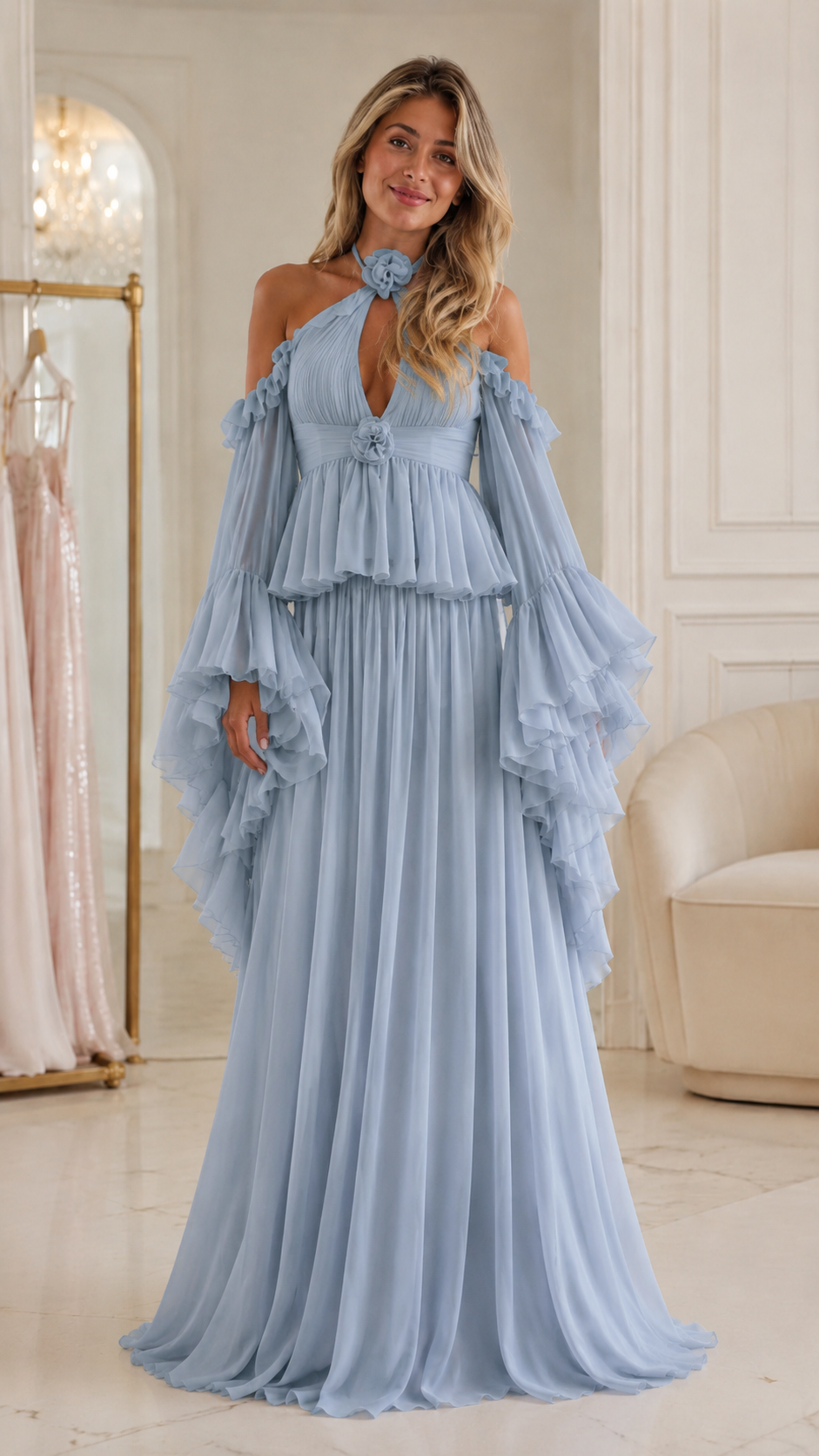 Halter Ruffle Sleeve Pleated Maxi Dress