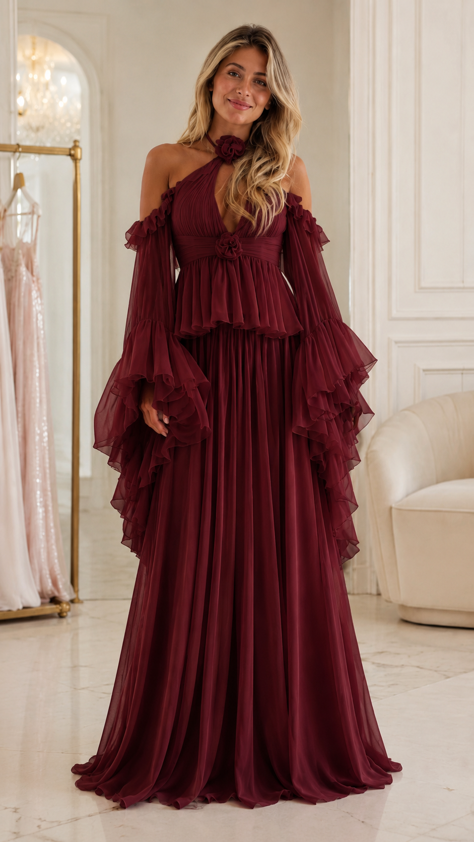 Halter Ruffle Sleeve Pleated Maxi Dress