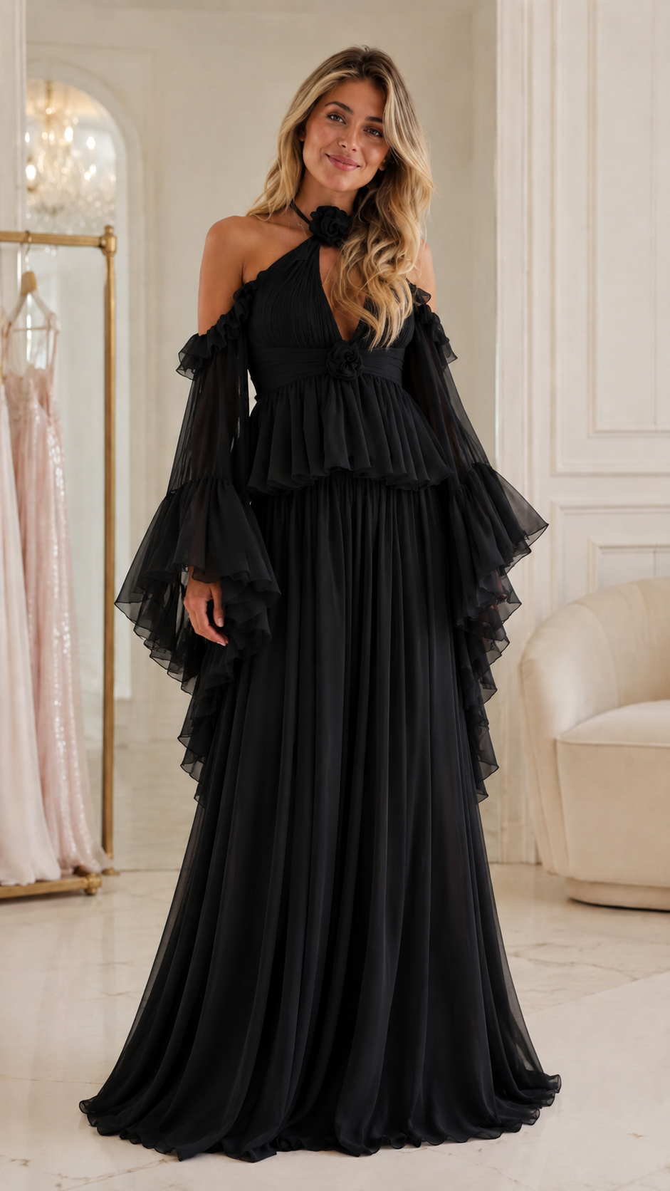 Halter Ruffle Sleeve Pleated Maxi Dress