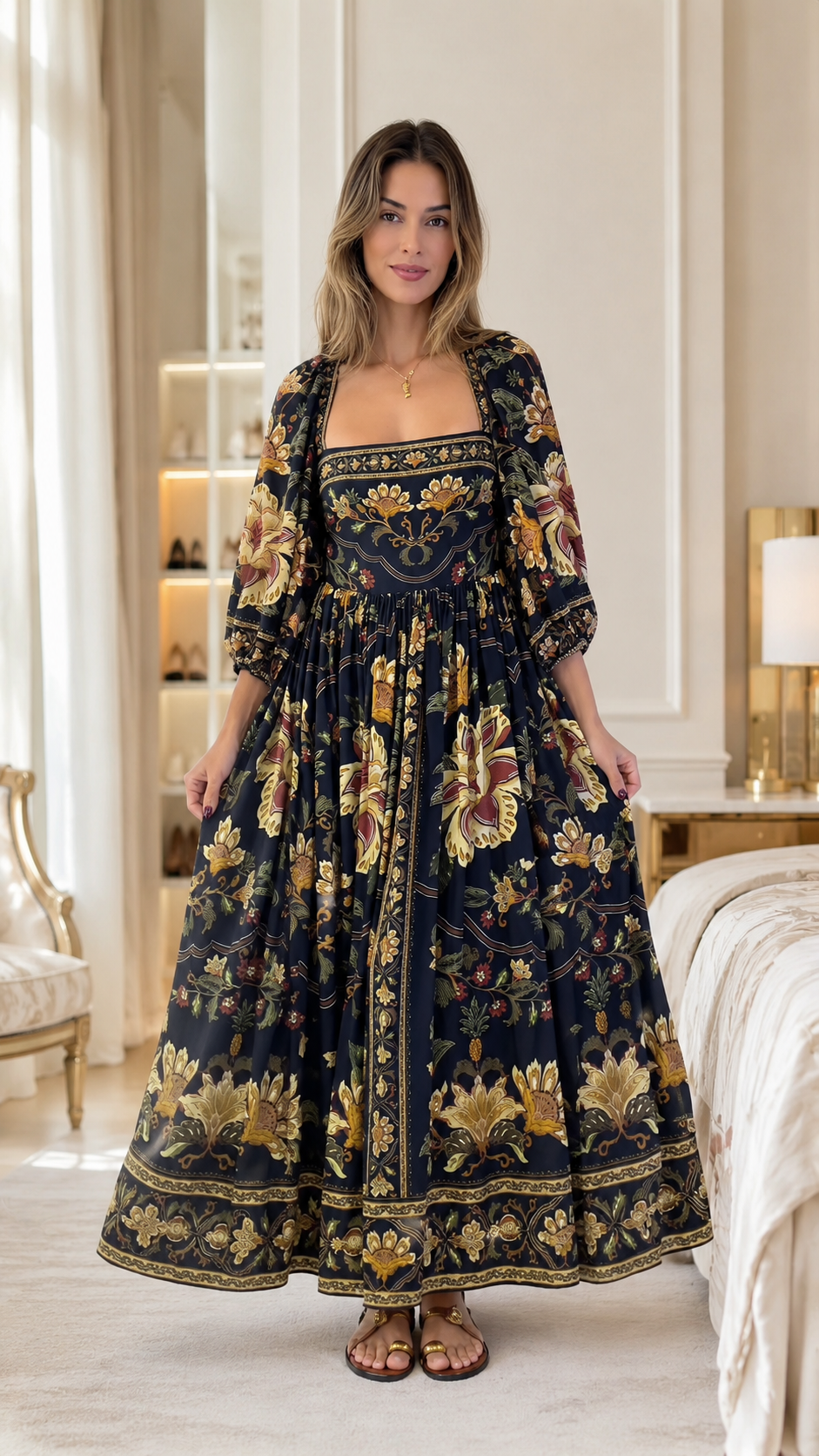 Navy Floral Square Neck Puff Sleeve Maxi Dress
