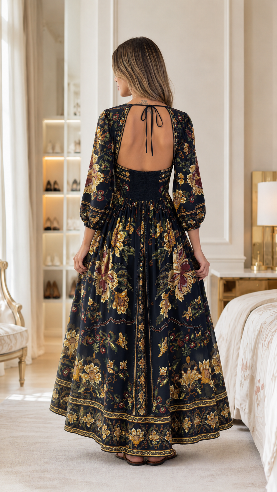 Navy Floral Square Neck Puff Sleeve Maxi Dress