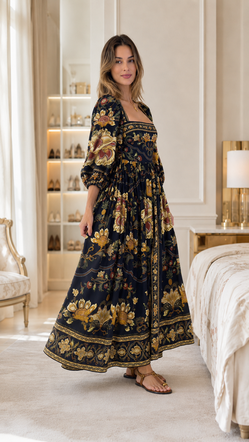 Navy Floral Square Neck Puff Sleeve Maxi Dress
