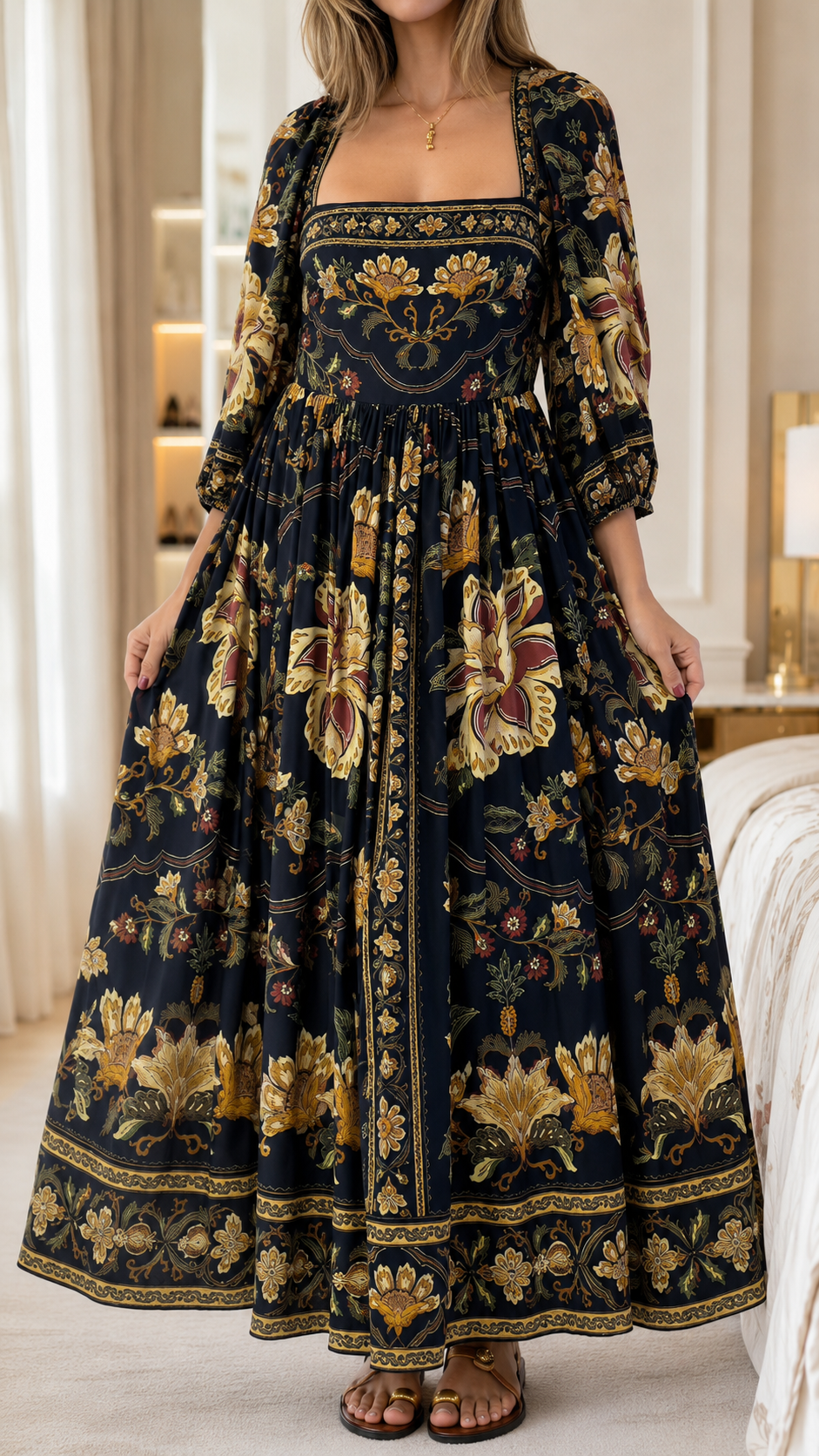 Navy Floral Square Neck Puff Sleeve Maxi Dress