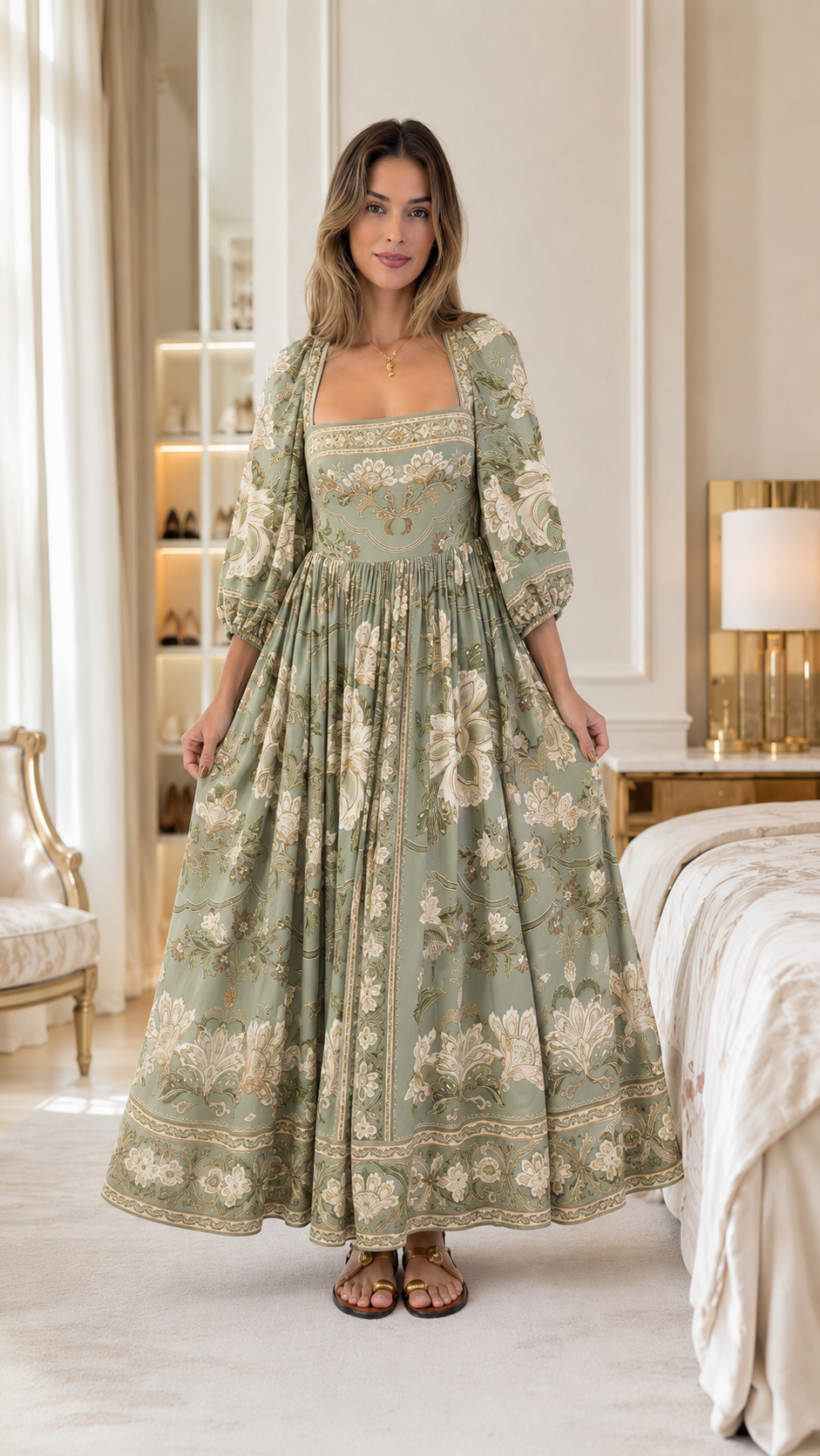 Navy Floral Square Neck Puff Sleeve Maxi Dress