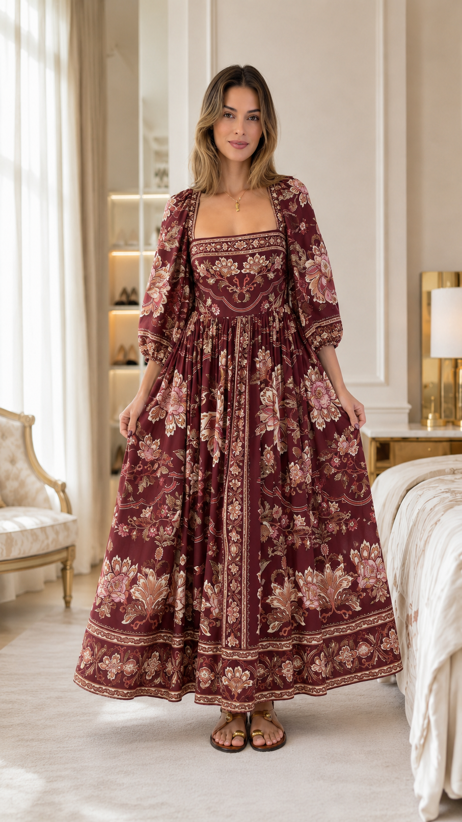 Navy Floral Square Neck Puff Sleeve Maxi Dress