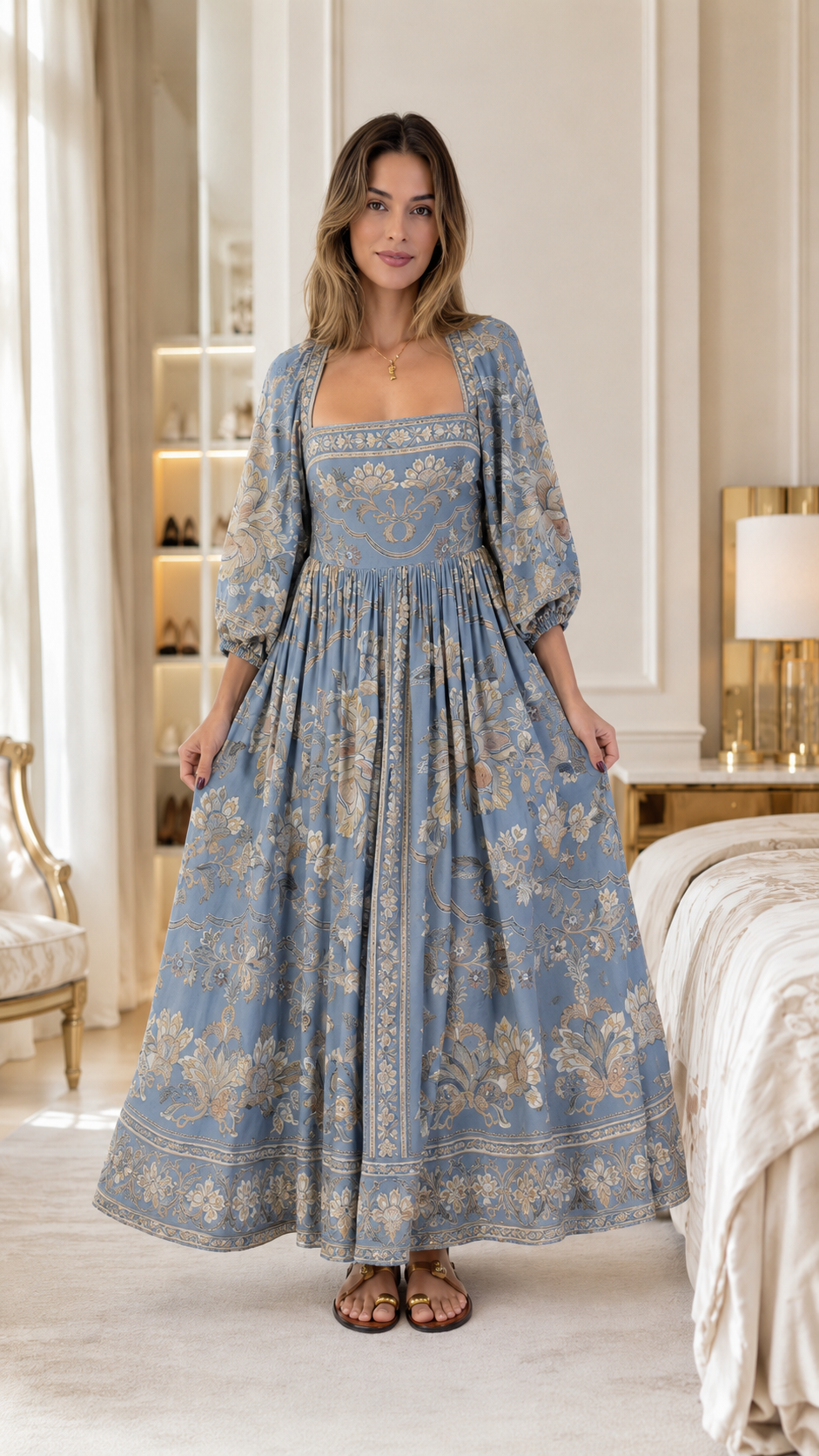 Navy Floral Square Neck Puff Sleeve Maxi Dress