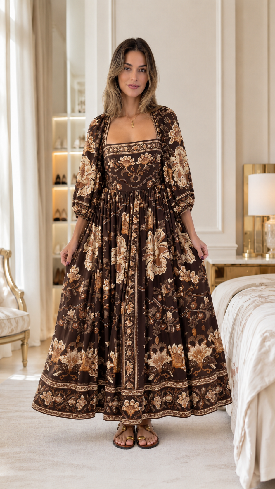 Navy Floral Square Neck Puff Sleeve Maxi Dress