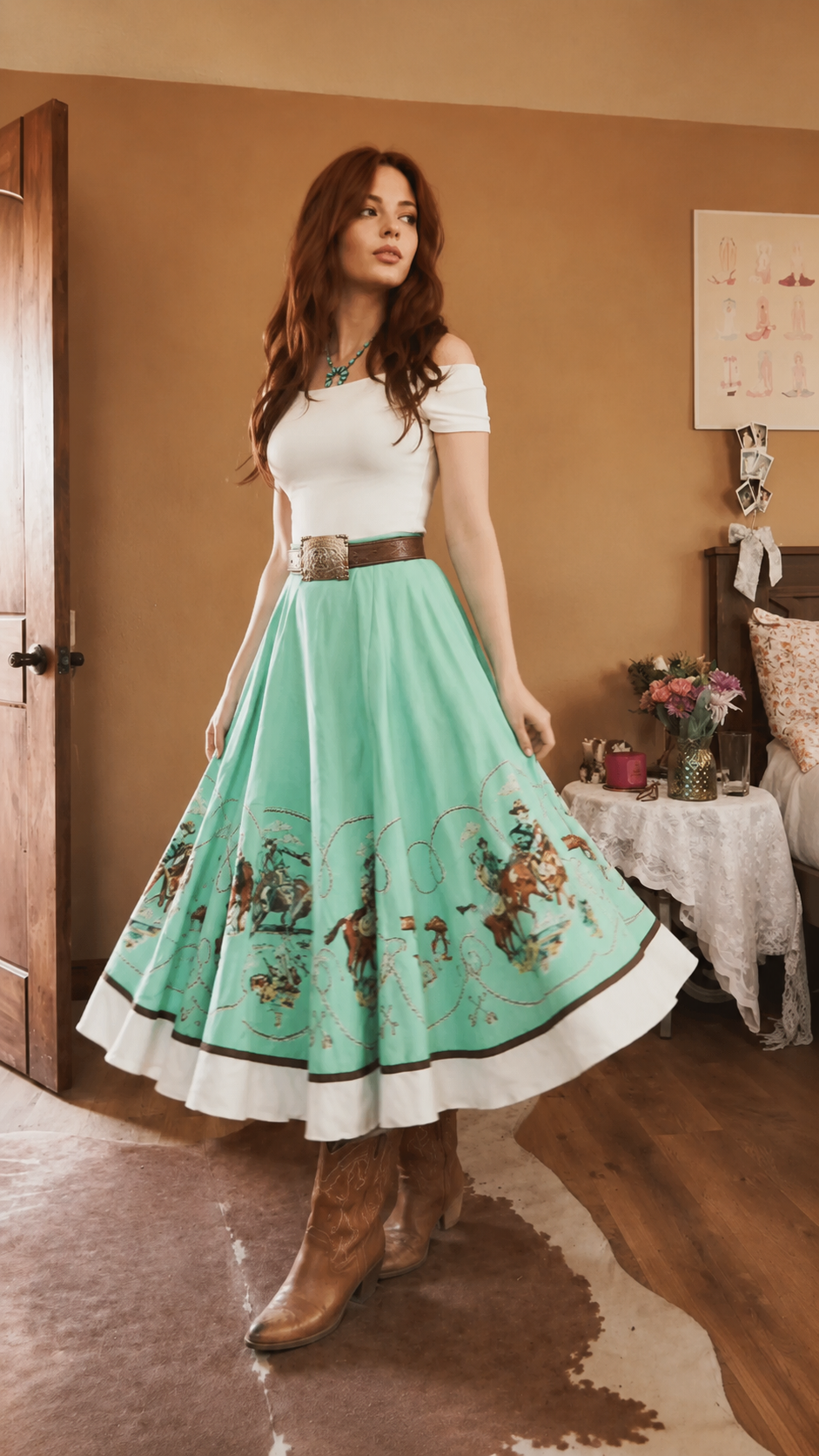 Mint Western Print Off Shoulder Midi Dress