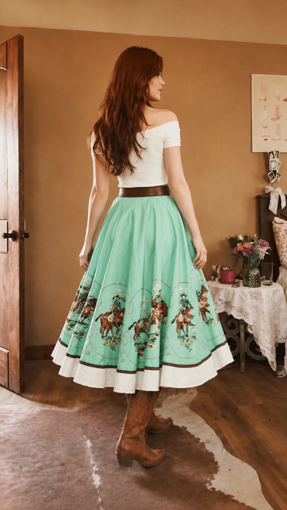Mint Western Print Off Shoulder Midi Dress