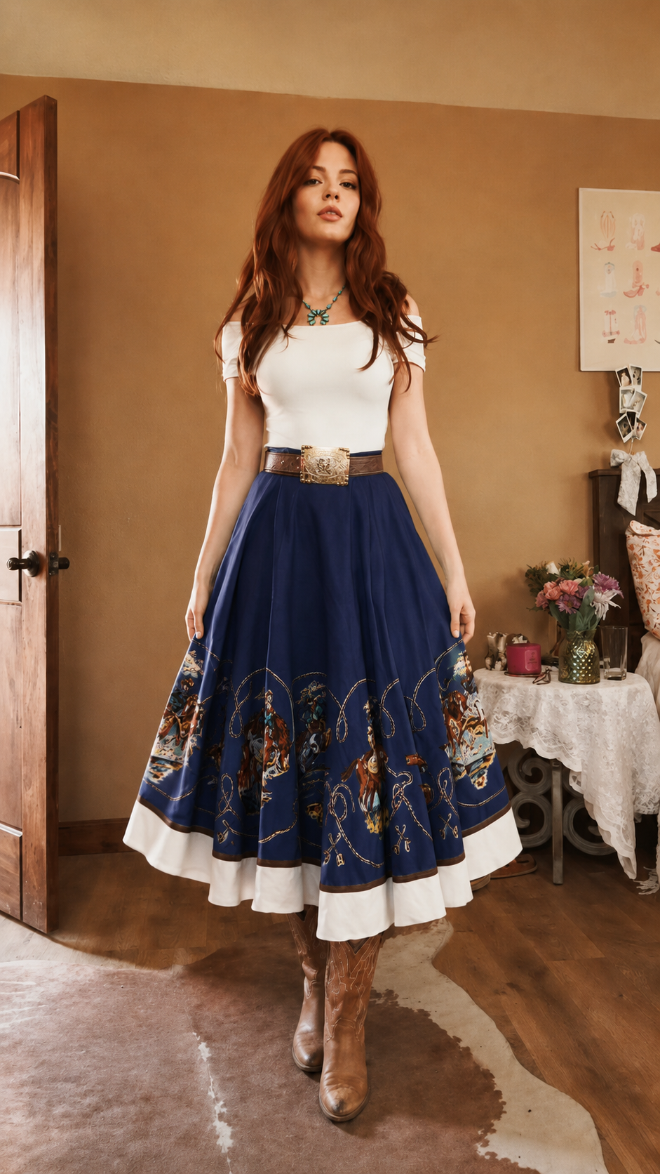 Mint Western Print Off Shoulder Midi Dress