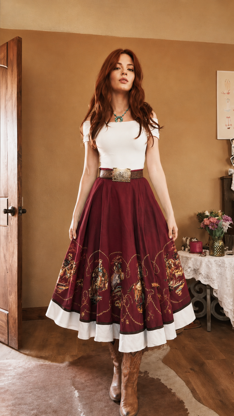 Mint Western Print Off Shoulder Midi Dress
