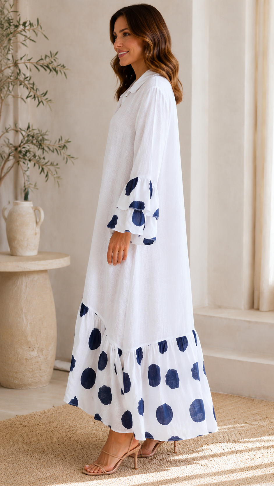 Polka Dot Ruffle Hem Button Maxi Dress