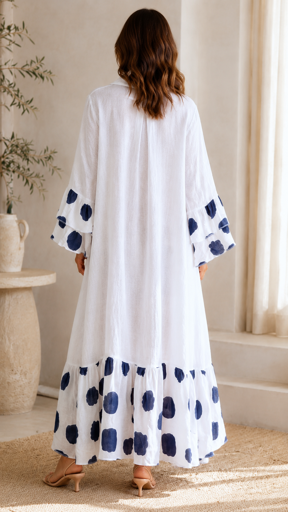 Polka Dot Ruffle Hem Button Maxi Dress