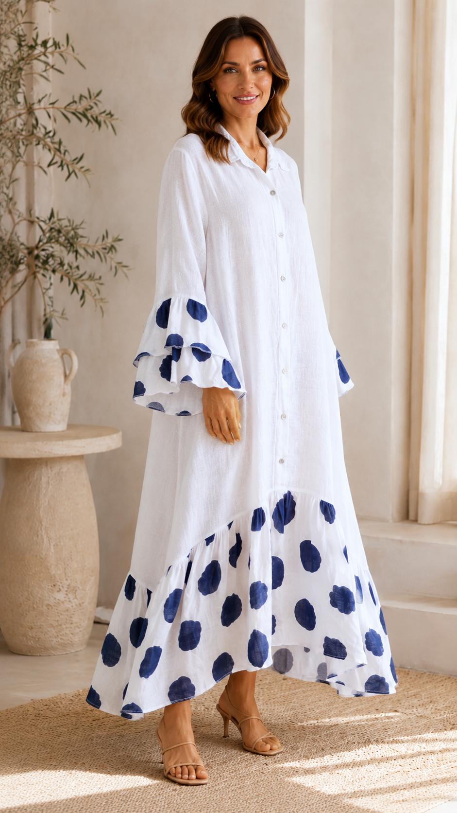 Polka Dot Ruffle Hem Button Maxi Dress