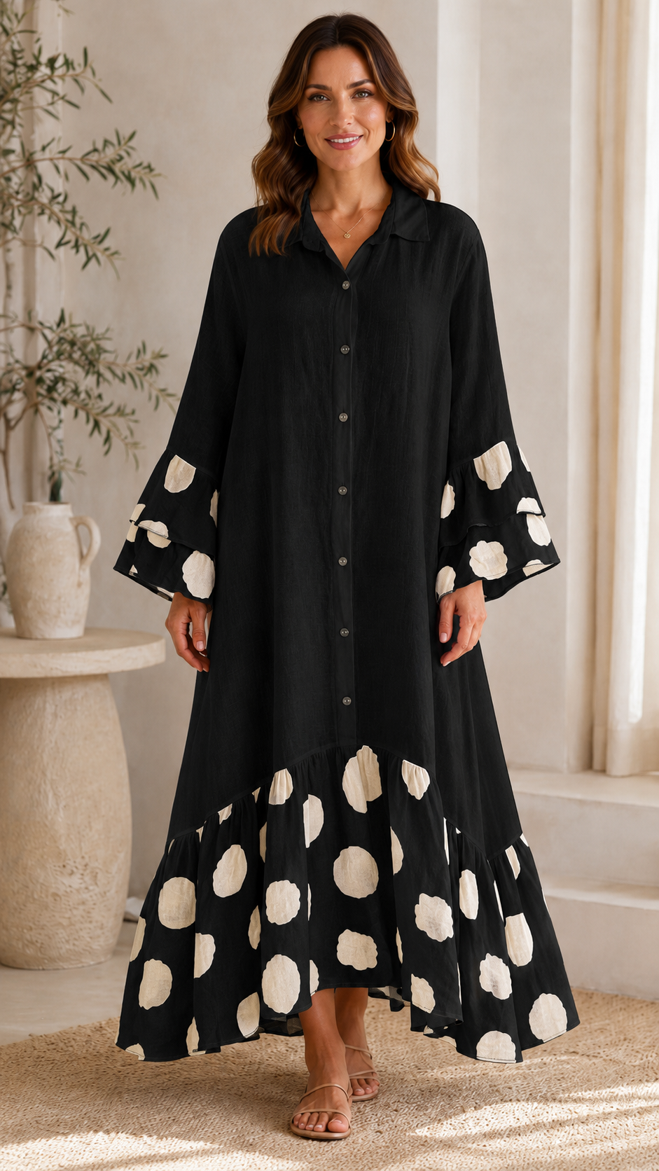 Polka Dot Ruffle Hem Button Maxi Dress