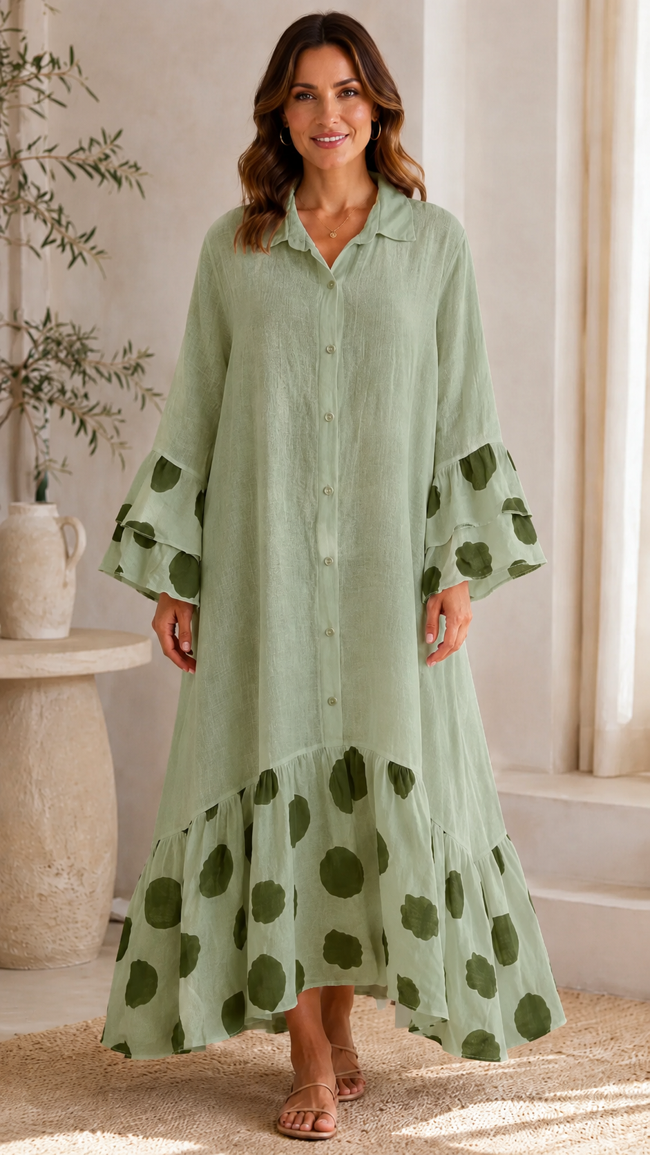 Polka Dot Ruffle Hem Button Maxi Dress