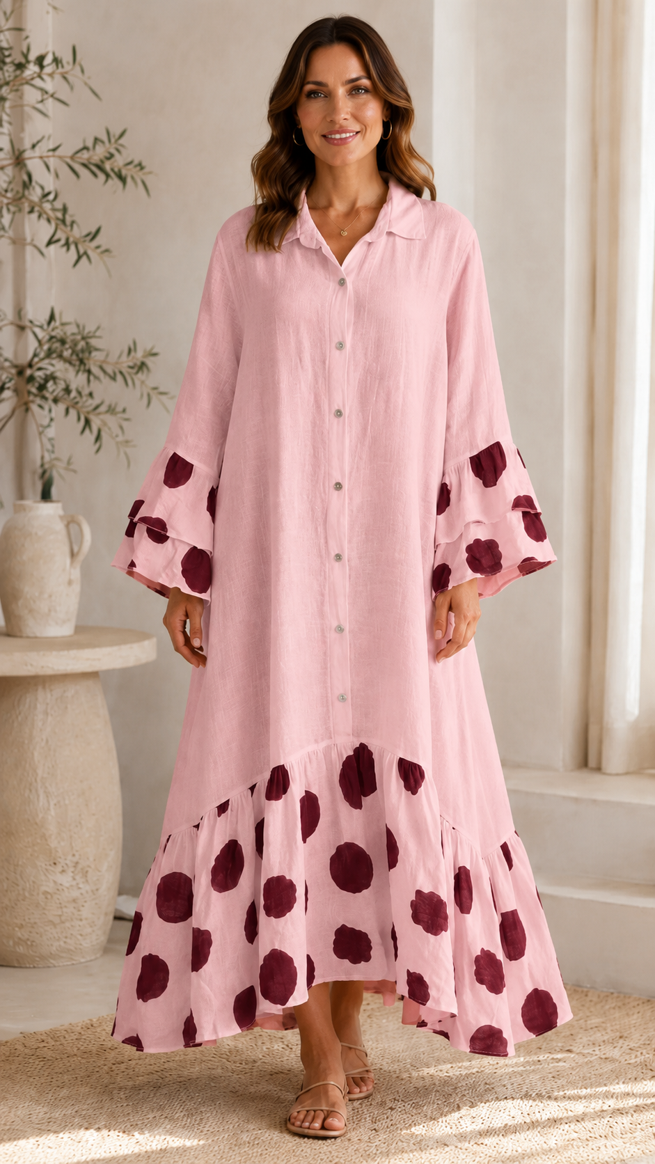 Polka Dot Ruffle Hem Button Maxi Dress