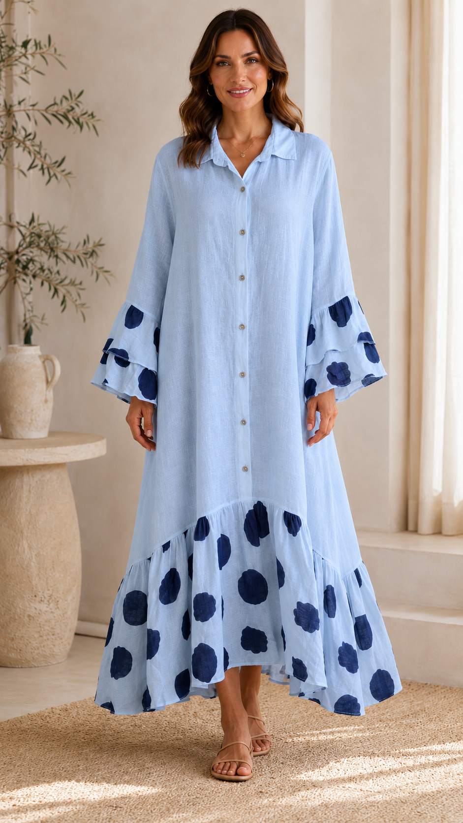 Polka Dot Ruffle Hem Button Maxi Dress