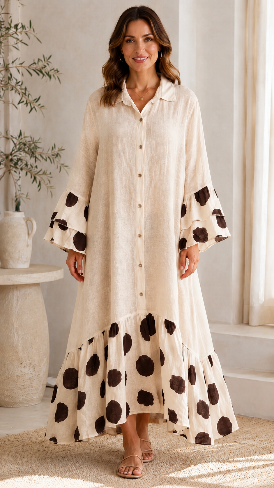 Polka Dot Ruffle Hem Button Maxi Dress