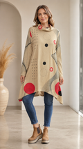 Beige Abstract Print Cowl Neck Long Sleeve Tunic Top