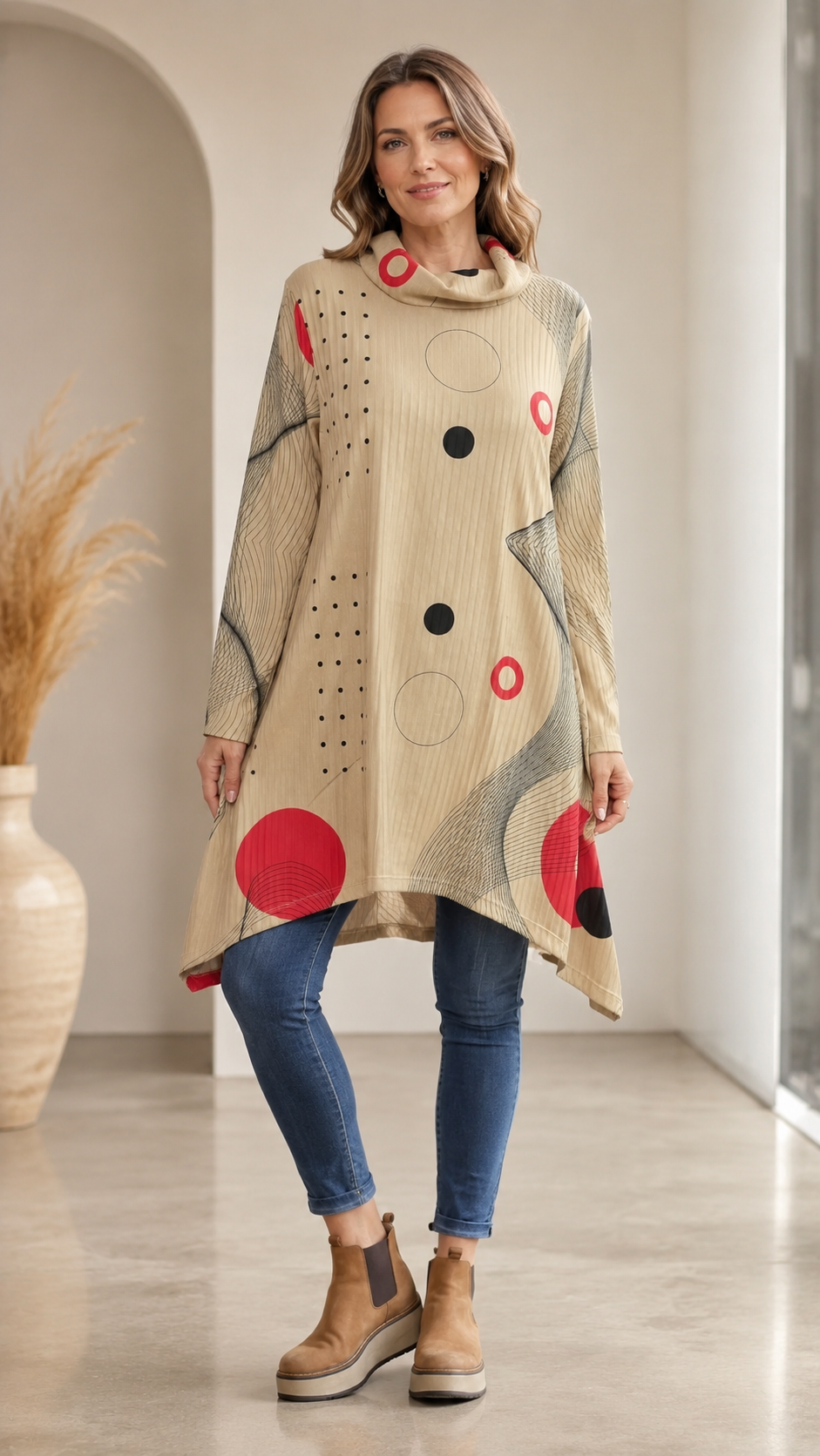 Beige Abstract Print Cowl Neck Long Sleeve Tunic Top