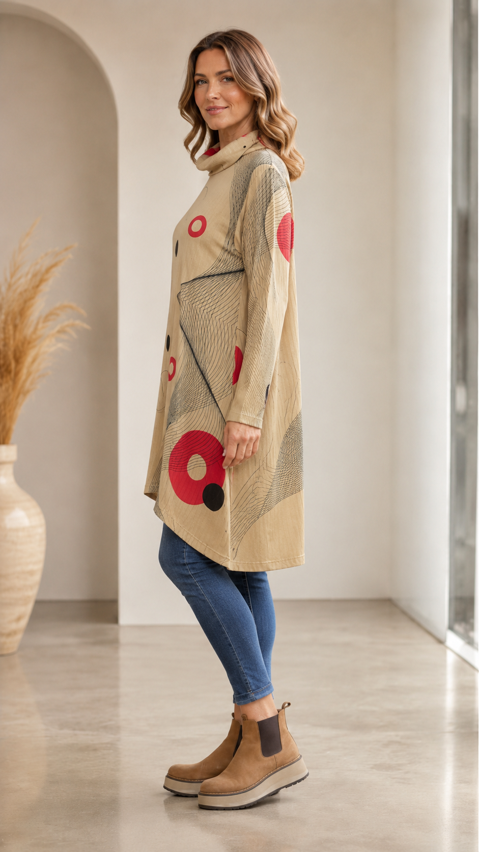 Beige Abstract Print Cowl Neck Long Sleeve Tunic Top