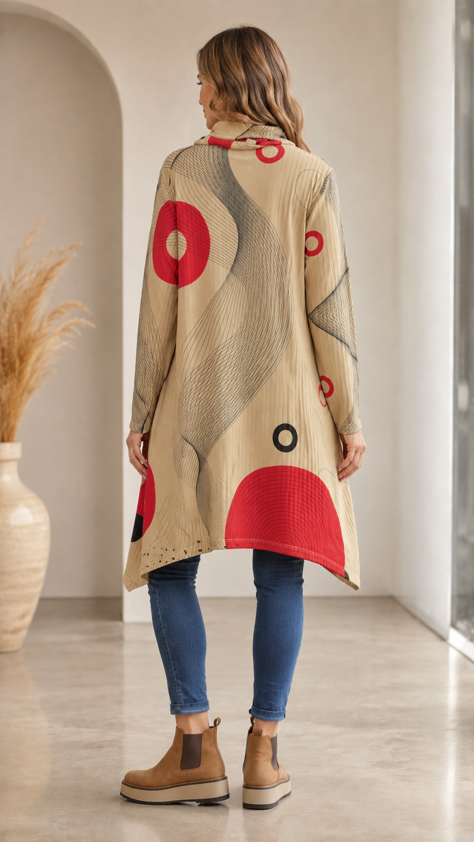Beige Abstract Print Cowl Neck Long Sleeve Tunic Top