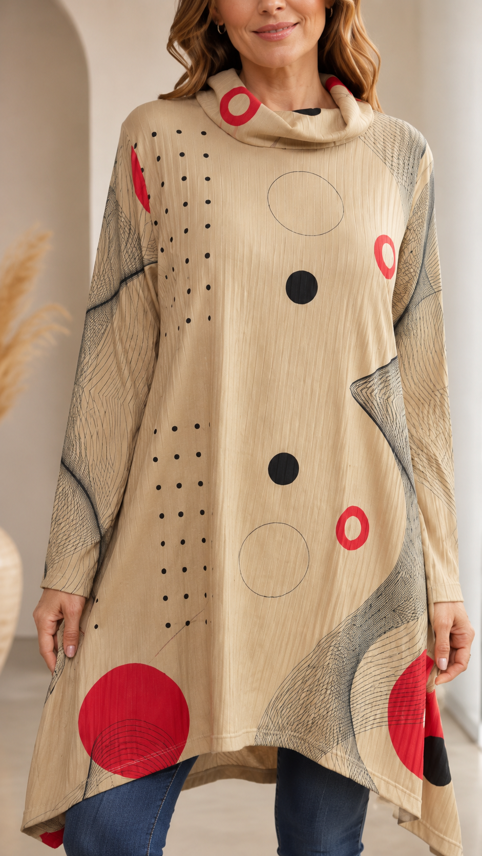Beige Abstract Print Cowl Neck Long Sleeve Tunic Top