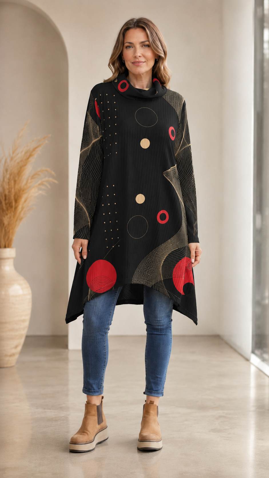 Beige Abstract Print Cowl Neck Long Sleeve Tunic Top
