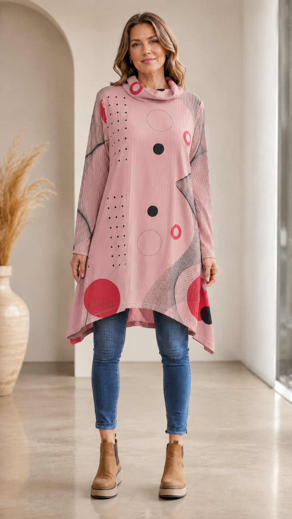 Beige Abstract Print Cowl Neck Long Sleeve Tunic Top