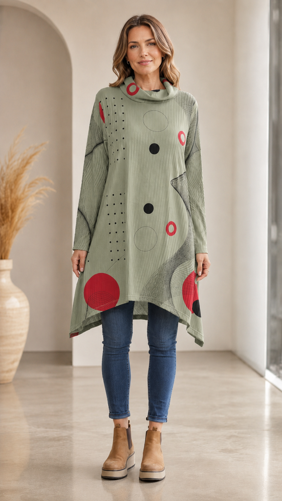 Beige Abstract Print Cowl Neck Long Sleeve Tunic Top