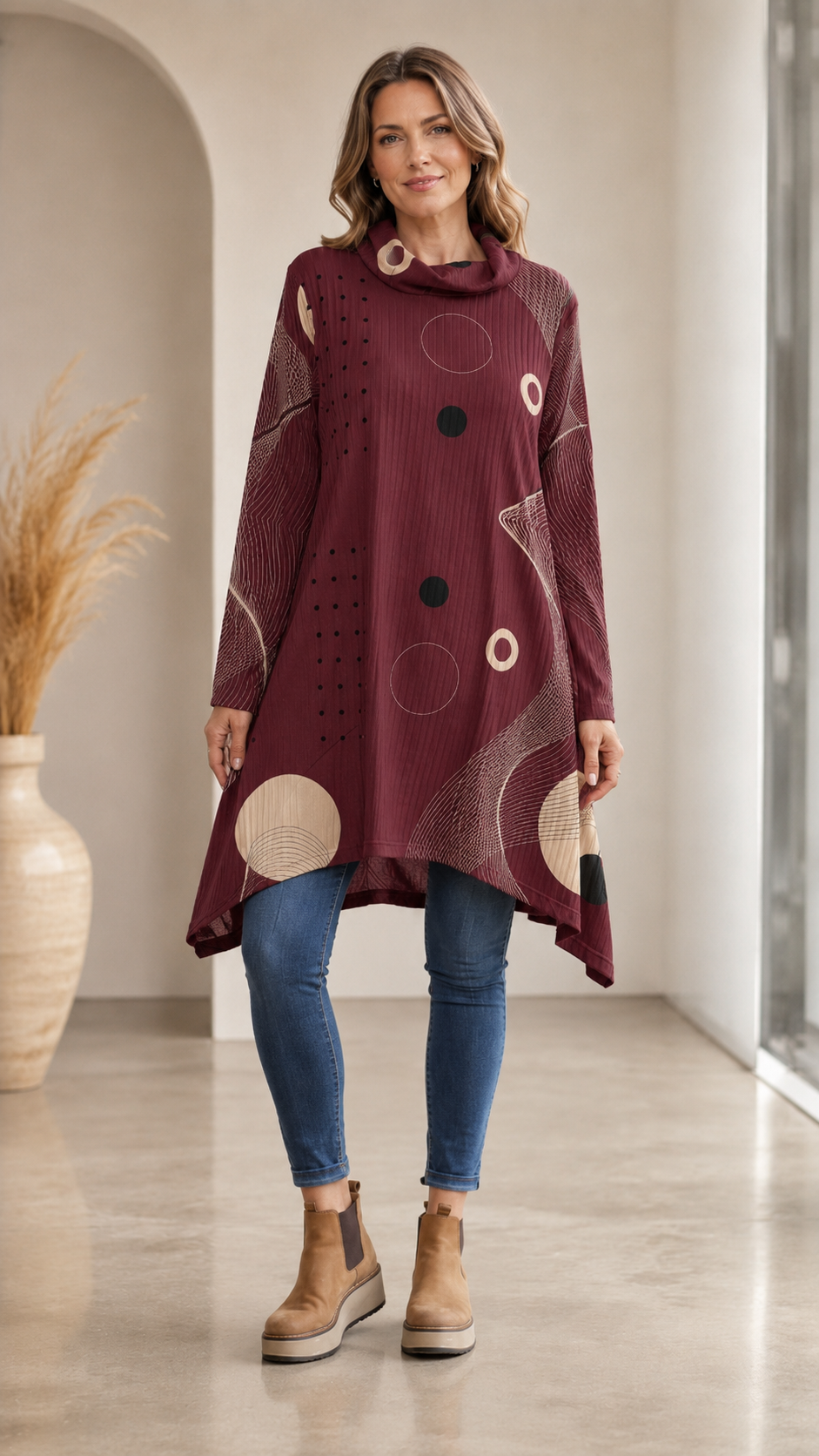 Beige Abstract Print Cowl Neck Long Sleeve Tunic Top
