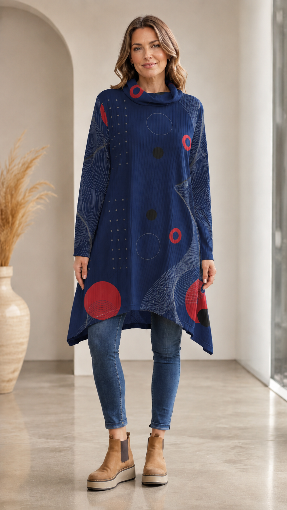 Beige Abstract Print Cowl Neck Long Sleeve Tunic Top