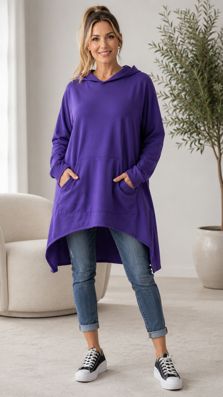 Purple Oversized Hooded High-Low Tunic Sweatshirt