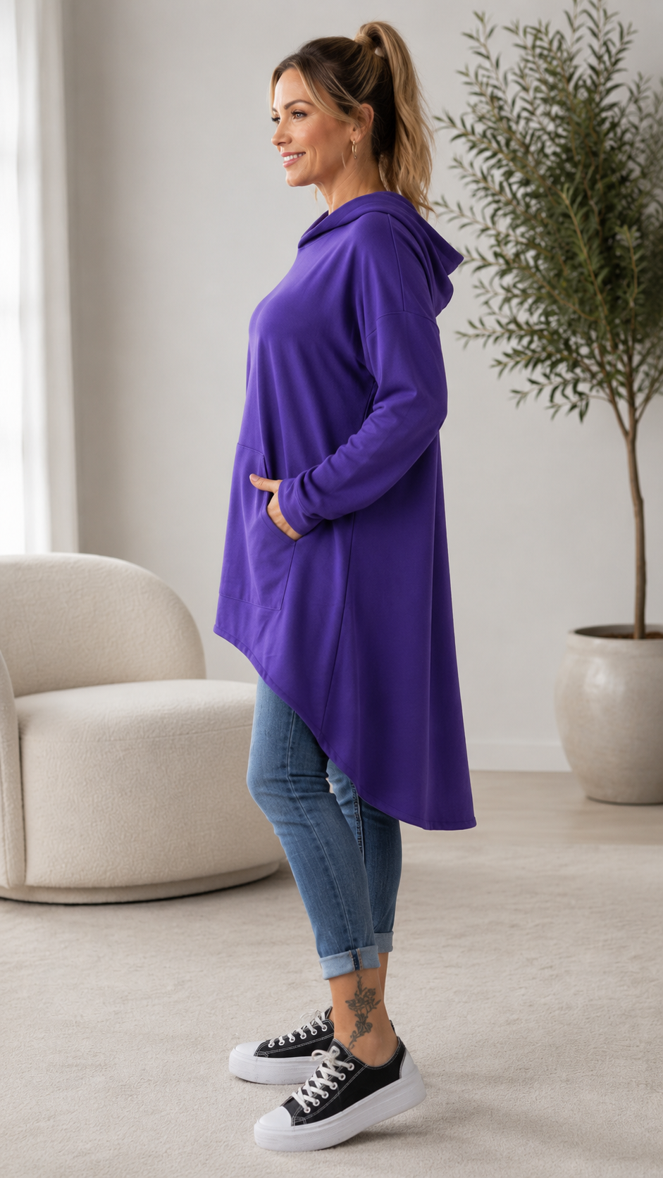 Purple Oversized Hooded High-Low Tunic Sweatshirt