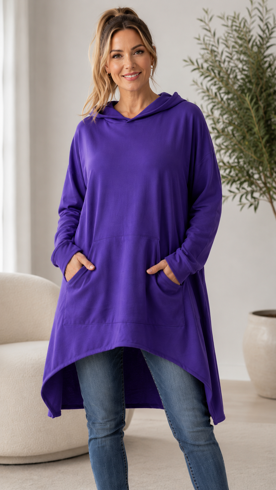 Purple Oversized Hooded High-Low Tunic Sweatshirt