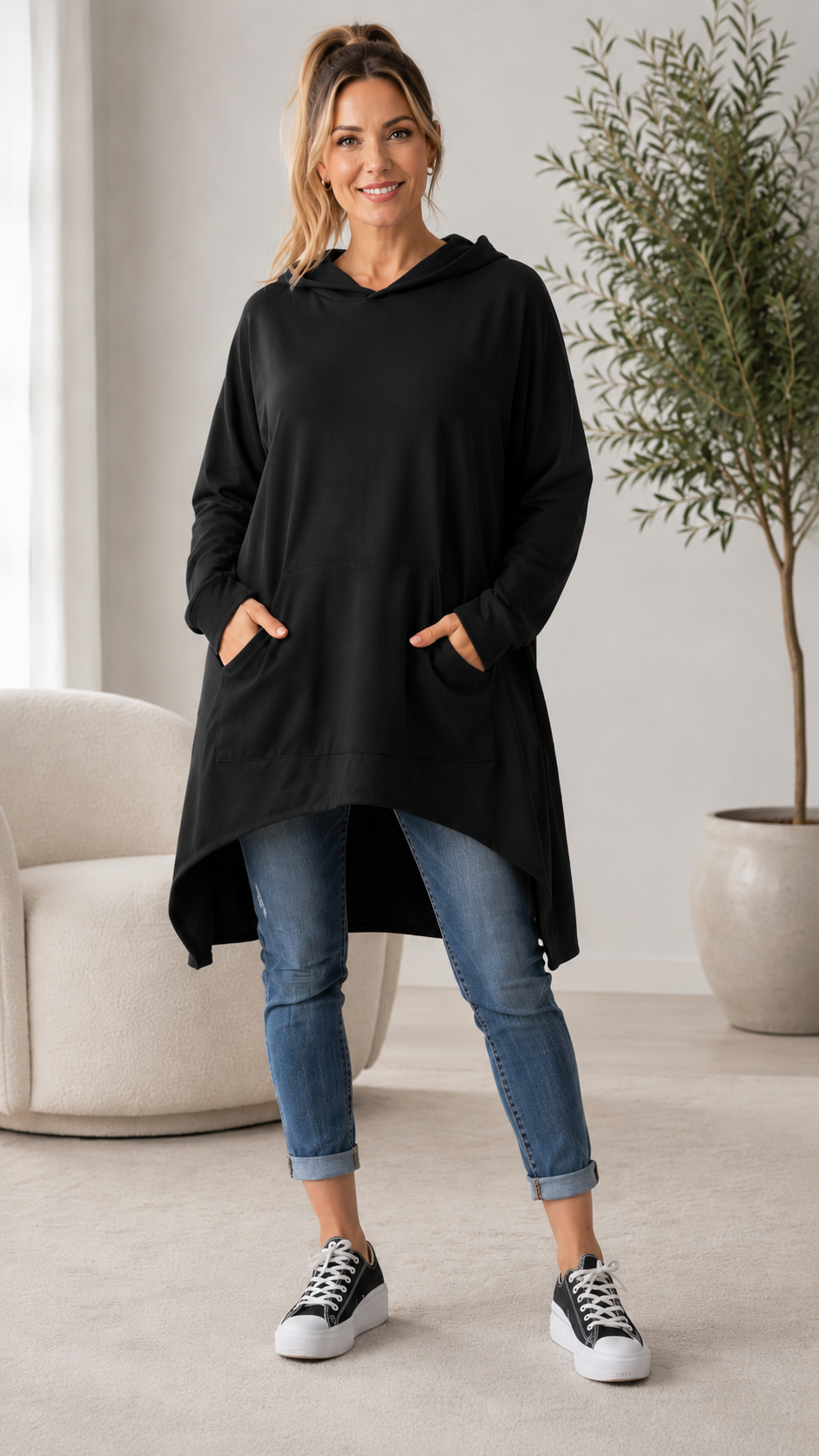 Purple Oversized Hooded High-Low Tunic Sweatshirt