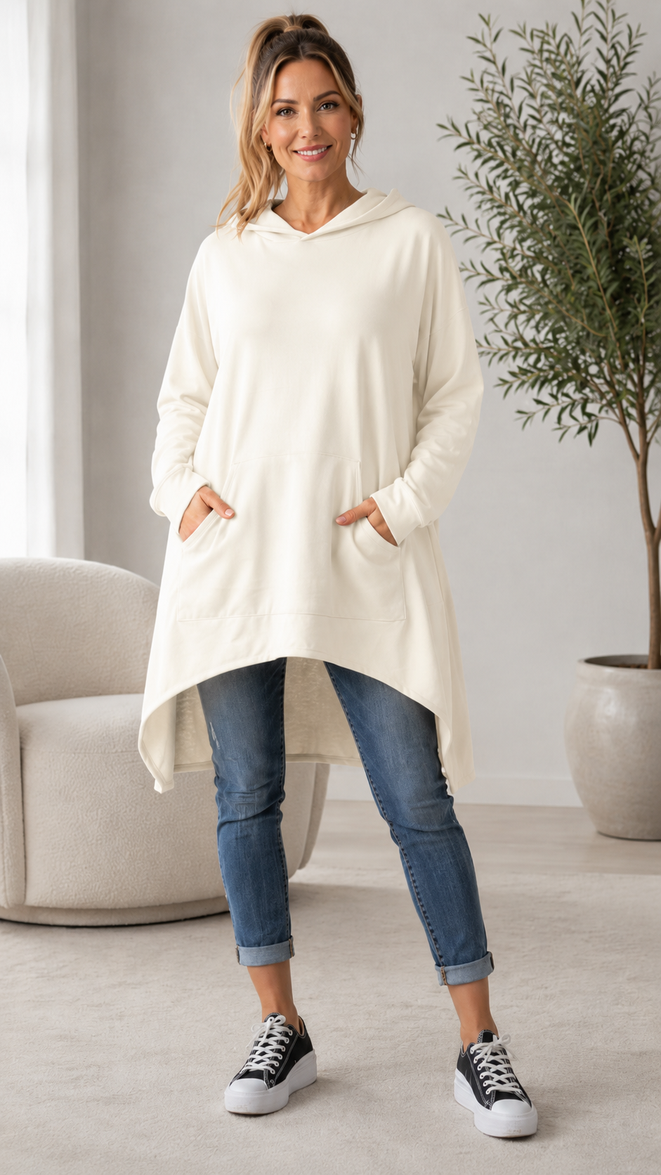 Purple Oversized Hooded High-Low Tunic Sweatshirt