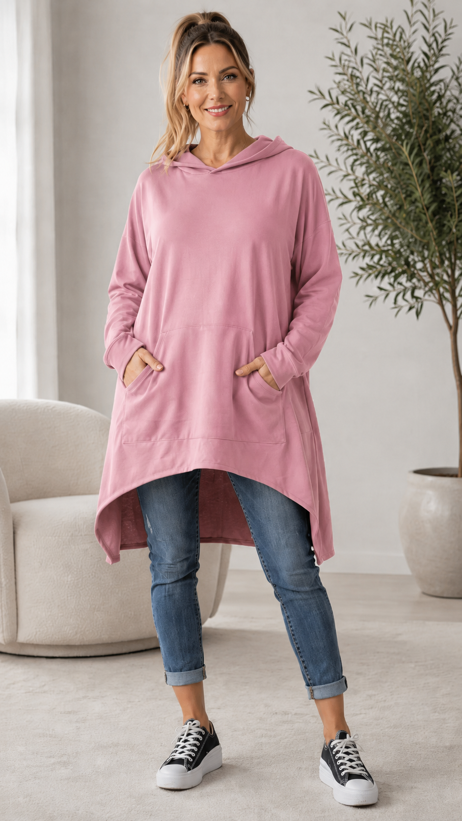 Purple Oversized Hooded High-Low Tunic Sweatshirt