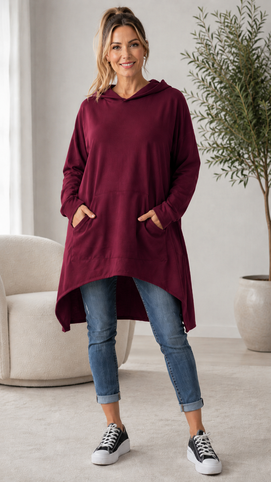 Purple Oversized Hooded High-Low Tunic Sweatshirt